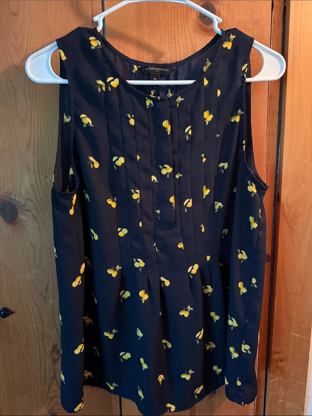 Banana Republic Navy Sleeveless Pleated Lemon-Print Dress